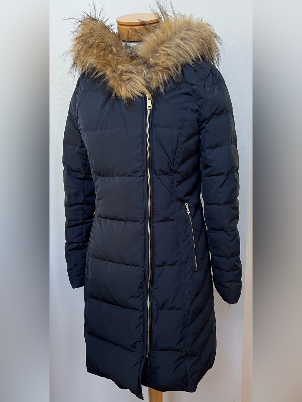 Cole Haan Signature Down Puffer Coat Faux Fur Hood Navy Blue Long Jacket Small